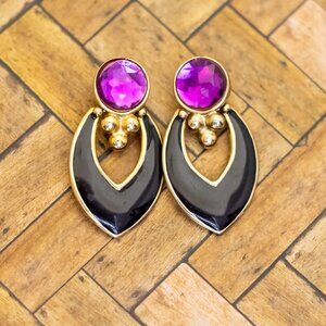 Vintage Black Round Oval Purple Faux Gem Dangle Earrings | H33